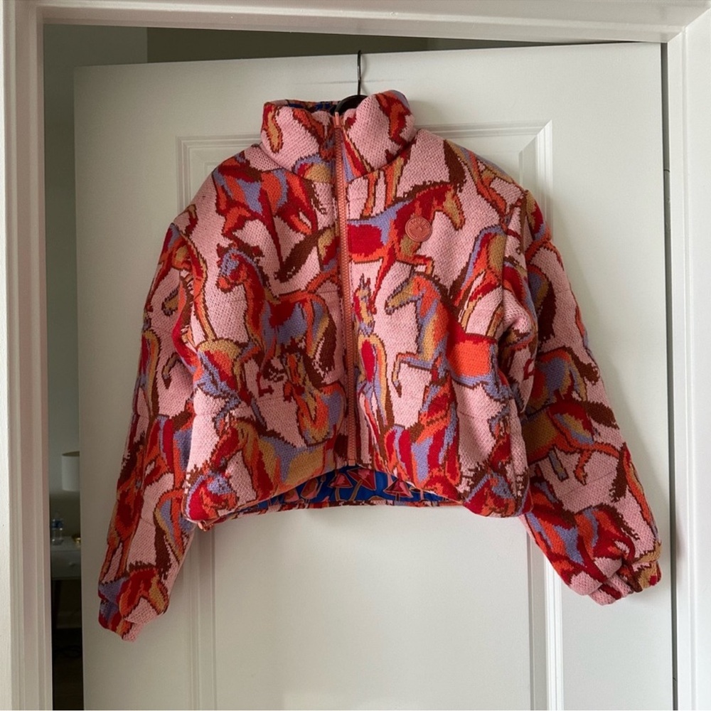 Farm Rio Rose Wild Horses Tricot Reversible Puffer Jacket - Picture 6 of 12
